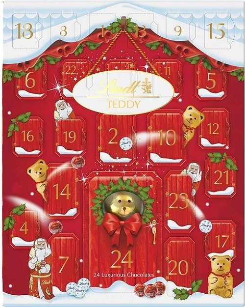Červený adventní kalendář Lindt se zlatým medvídkem a zajíčkem.