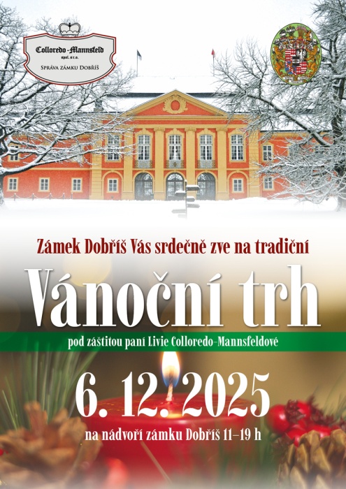 Plakát na vánoční trhy na zámku Dobříš.